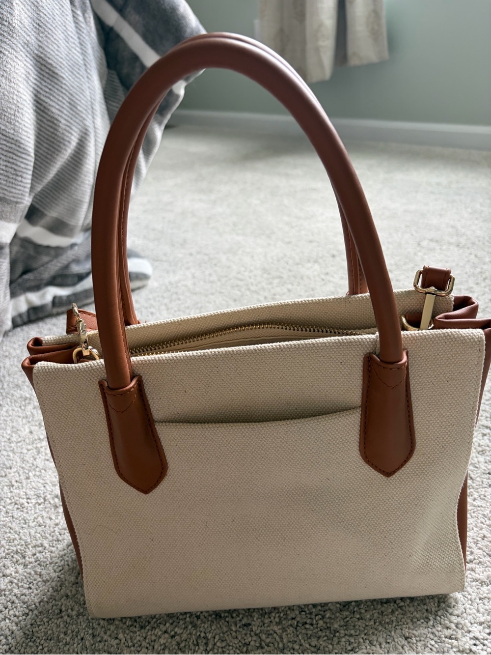 Canvas Tote Bag with Tan Leather Trim - Women's Handbag
